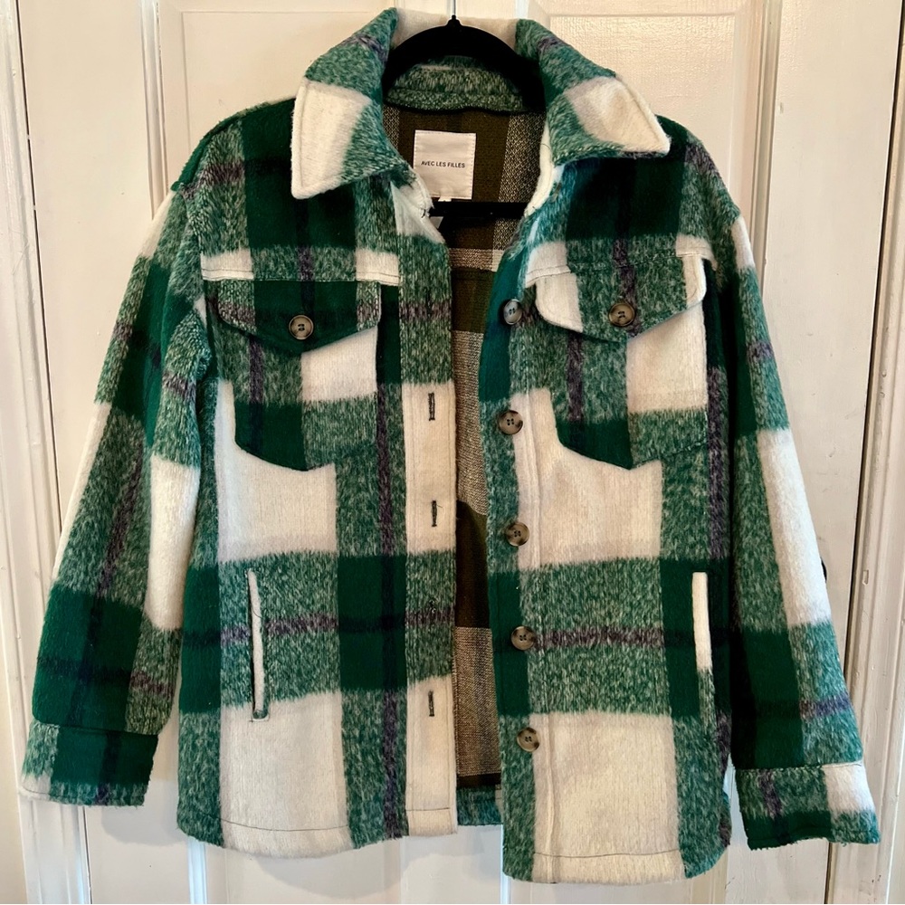 Avec Les Filles Green and White Plaid Wool-Blend Shacket
